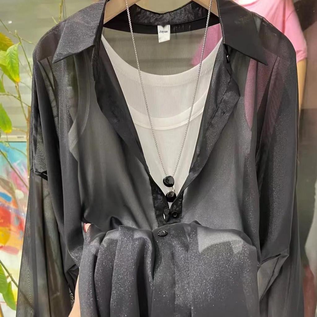 Dámská košile s dlouhým rukávem z šifonu s UV ochranou - Korejský styl, Volný střih, Střední délka, Jaro/Léto