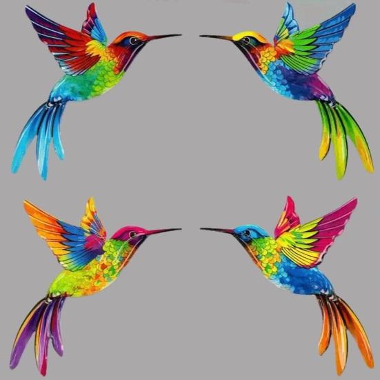 4 Pcs Acrylic Hummingbird Wall Art 2D Colorful Garden Birds Sculpture Outdoor Fence Hanging Ornaments for Garden Yard Living Room Kids Room Patio