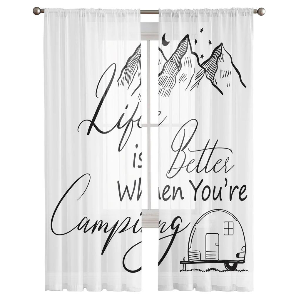 Camping Camper Mountain Stars Moon Tyll Gardiner för vardagsrum Kök Sovrum Skir Tyll för café Hotell Modern heminredning