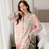 Spring Summer Faux Silk Pajamas for Women Lapel Cardigan Lounge Sets Womens 2 Piece Sweet Floral Home Wear Soft Sleepwear