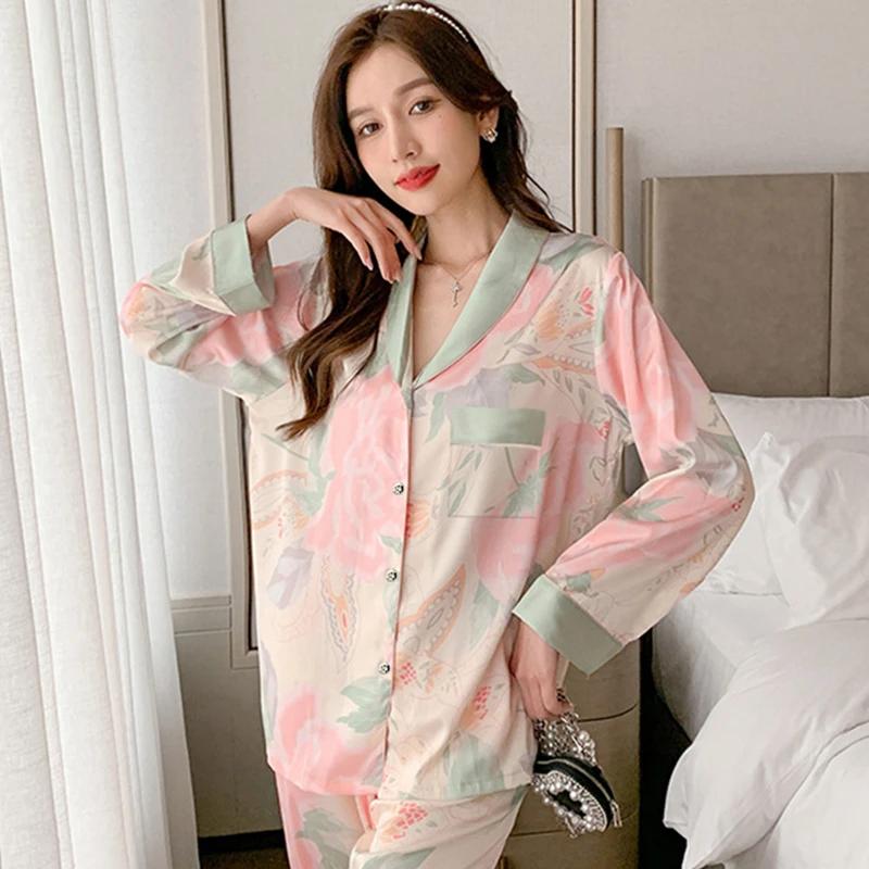 Spring Summer Faux Silk Pajamas for Women Lapel Cardigan Lounge Sets Womens 2 Piece Sweet Floral Home Wear Soft Sleepwear