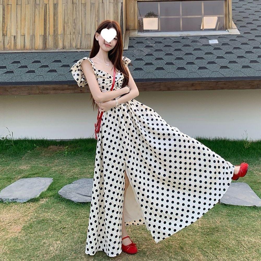Super Fairy French High-end Polka Dot Dress for Women's Summer New Pleated Waist and Thin Temperament Flying Sleeve Long Dress