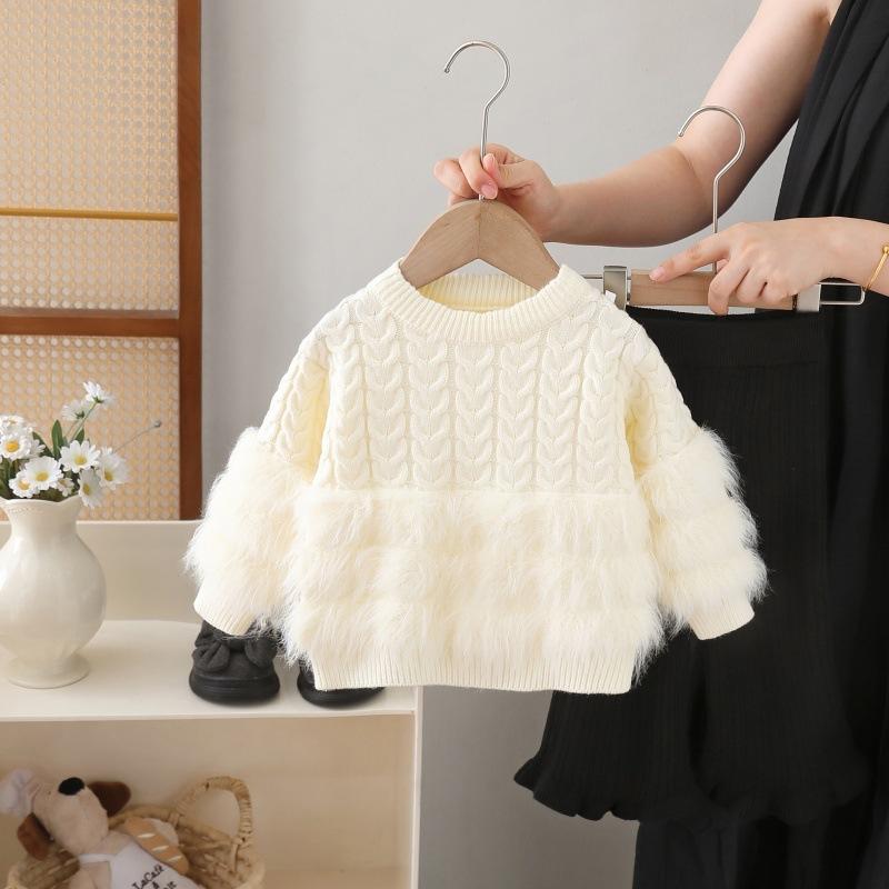 Girls' sweater long imitation mink fur two-piece set autumn and winter new item women's treasure round neck sweater pants set