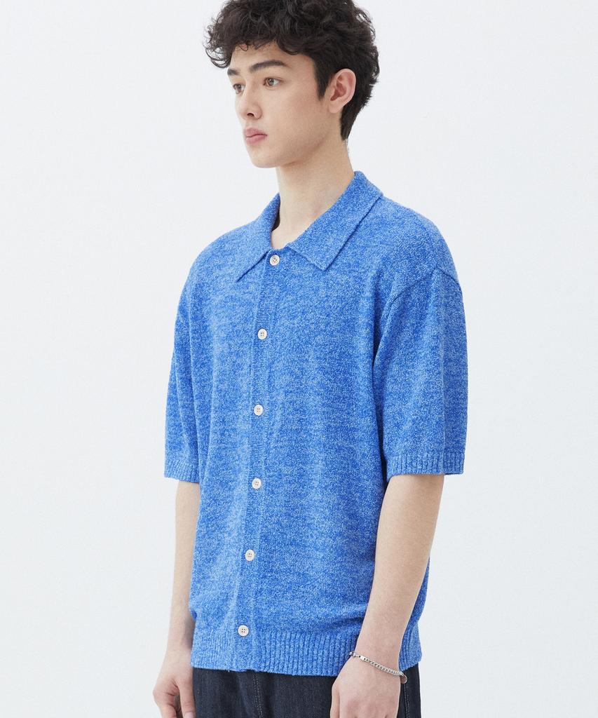 TRILLION Washable Boucle Collar Short Sleeve Knit (Melange Blue)