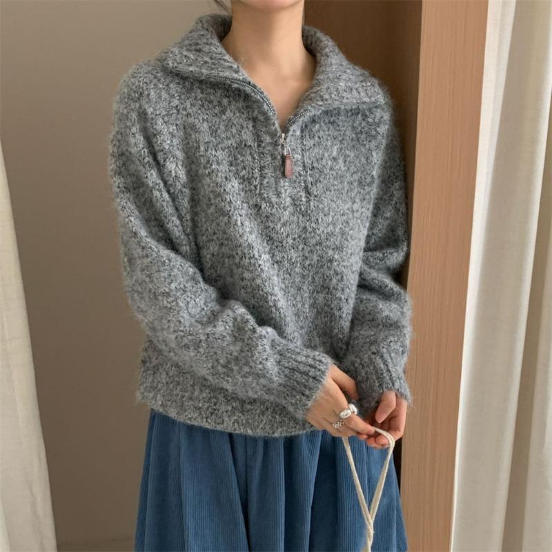 Flower Yarn Half Zipper Pullover Knitted Sweater Outer Wear Autumn and Winter New Loose Versatile Sweater Women's Top Thick