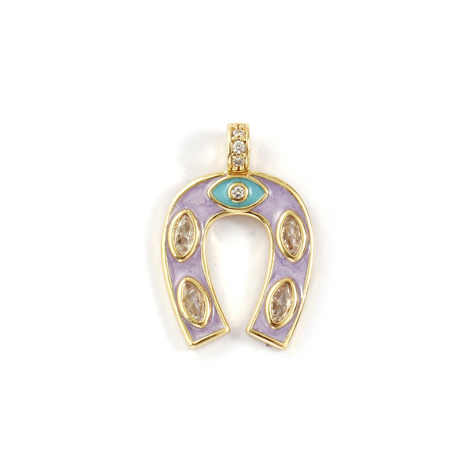 

1 PC Brass West Cowboy Charms Enamel Luck Horseshoe Micro Pave Clear Cubic Zirconia Pendants For DIY Necklace Making 26mm x 18mm фіолетовий