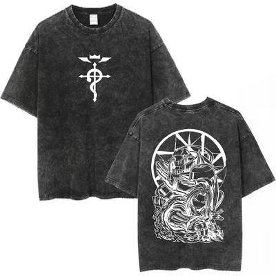 Anime Fullmetal Alchemist Πλυμένο T-Shirt Edward Elric Alphonse Elric T-Shirt Ανδρικό Μόδα Casual Oversized T-Shirts Streetwear