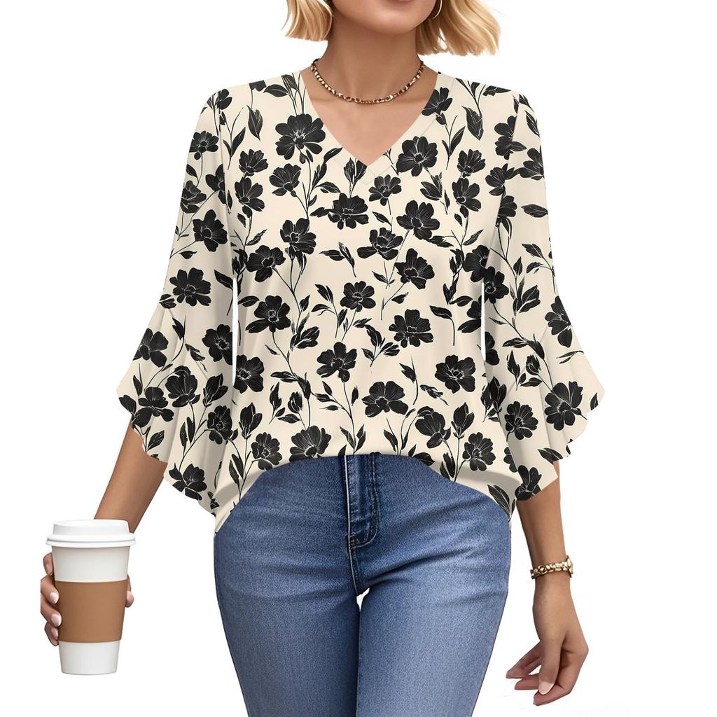Blouses For Women Dressy Casual 3/4 Length Sleeve Womens Tops V Neck Tshirts Shirts With Flared Sleeve