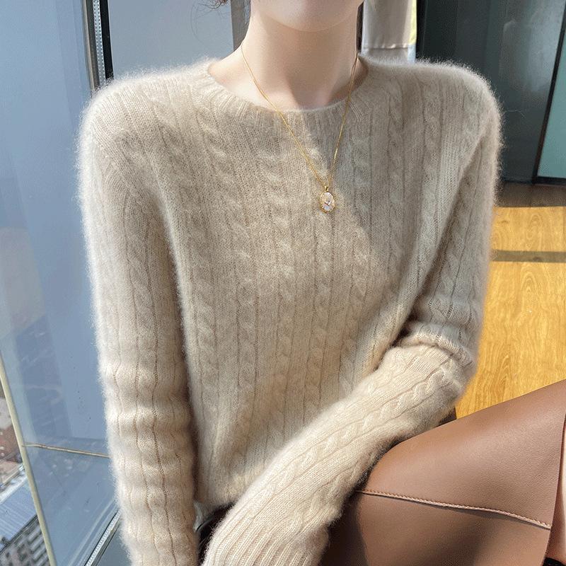 Women's 100% Pure Wool Cable Knit Sweater – Autumn/Winter Loose Fit with Round Neck, Fashionable and Versatile Knit Base Layer.