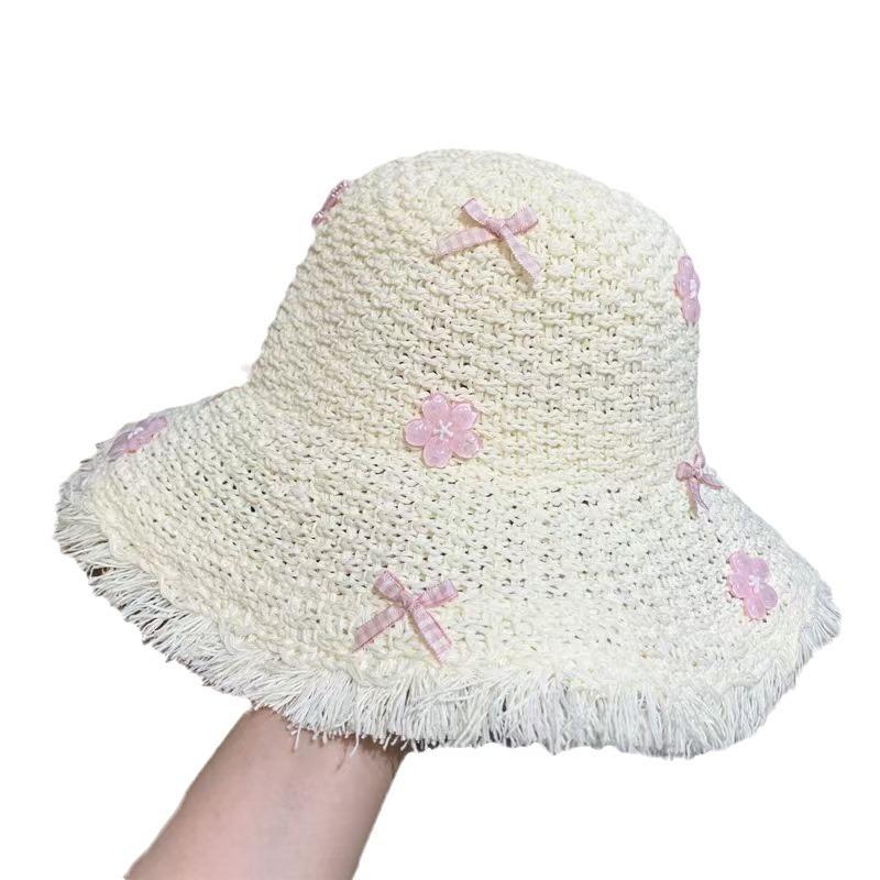 2025 new seaside vacation sunscreen big brim sunshade bucket hat trendy flower seedlings silk straw hat women's summer