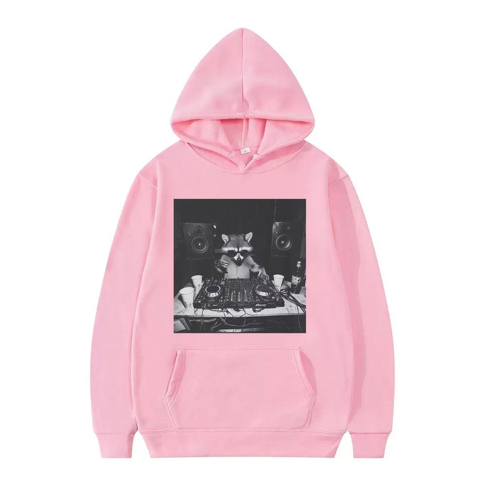 Funny Raccoon DJ Animals Meme Graphic Vintage Hoodie Men Women Pullover Long-sleeved Fashion Harajuku Sweatshirt Streetwear Top