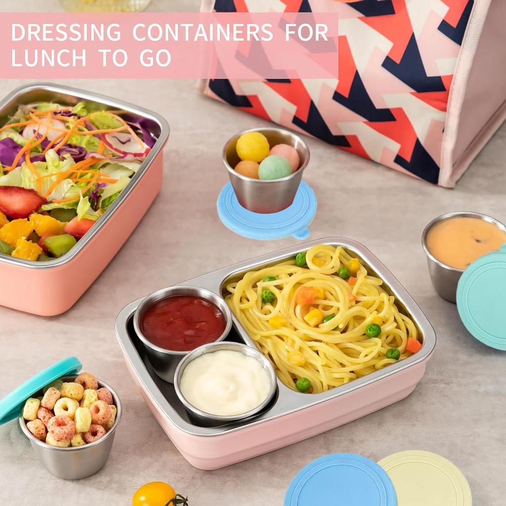 6 Pcs Stainless Steel Dipping Sauce Cups Condiment Dishes Sauce Cups Food Containers Reusable Silicone Lids Leakproof for Home