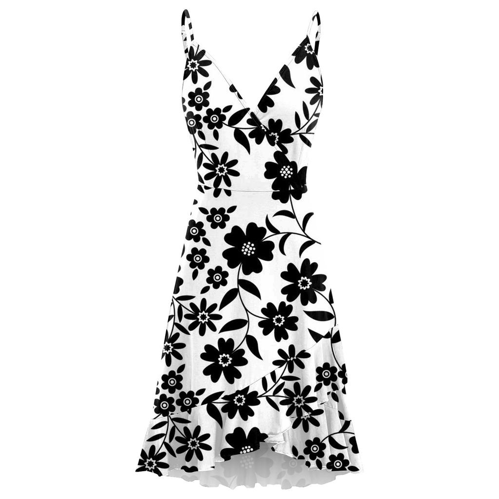 Women Summer Wrap V Neck Adjustable Spaghetti Straps Chest Pleats Casual Ruffle Dress Summer Beach Knee Length Dress Open Back Off Shoulder Dress