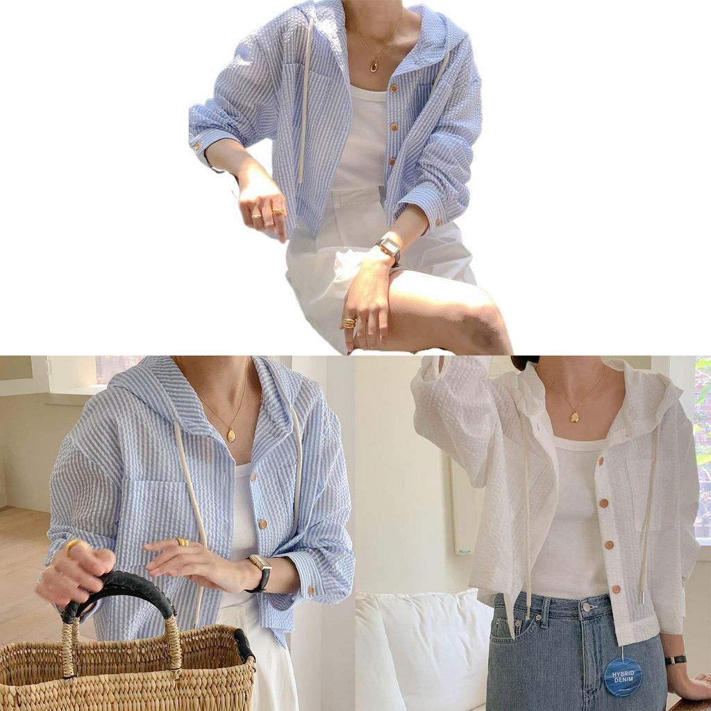 Urban Style Striped Shirt With Polyester Fabric And Single Button Closure For Summer Wear
