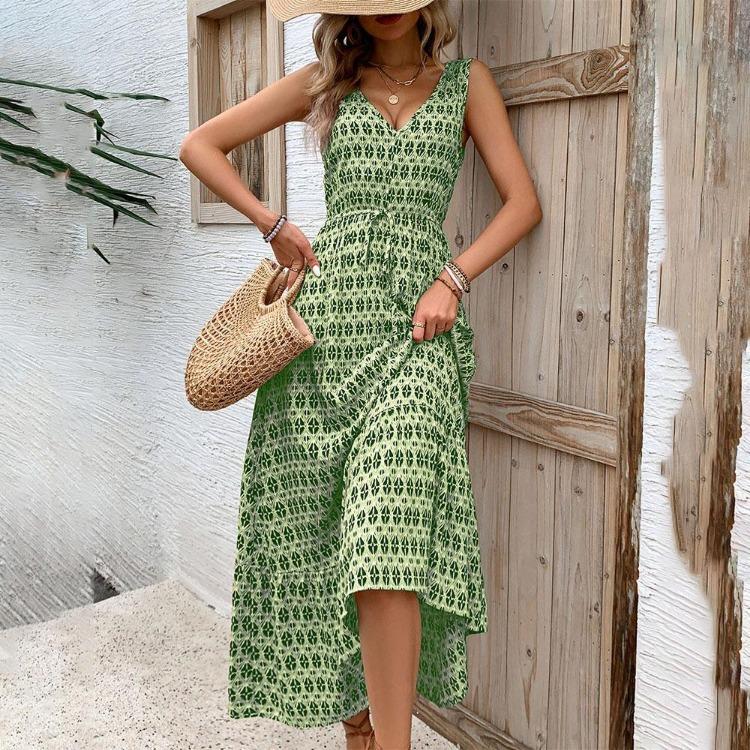 Autumn Winter Women High Waist Sleeveless Dress Lace Up Print Color Pleated Temperament