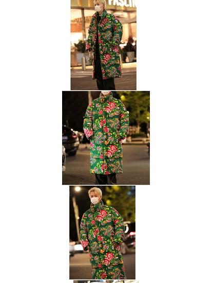 A3 Cotton Padded Hanfu Jacket: Unisex Long Loose Fit, Warm Flower Design, Trendy Cold Protection