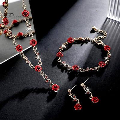 3 Pcs/Set Red Rose Jewelry Set Floral Theme Romance Vintage France Style Valentines Day Mothers Day Present Earrings Adjustable Rhinestone Necklace