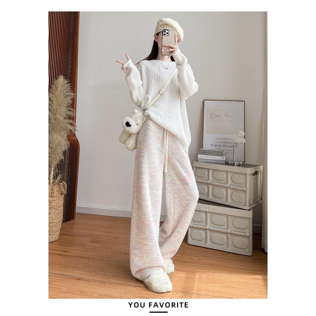 Dámské kalhoty s širokými nohavicemi s duhovými puntíky na podzim a zimu, kalhoty z lepkavé rýže s vysokým pasem a splývavým efektem, ležérní rovné trubkové silné vlněné kalhoty