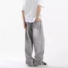 Mens Washed Grey Relaxed Straight Cut Wide Leg Denim Pants Casual Slim Fit Mid-Rise Stretch Cotton Jeans