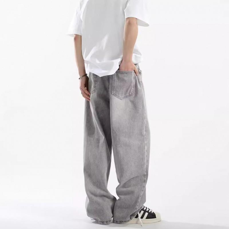 Mens Washed Grey Relaxed Straight Cut Wide Leg Denim Pants Casual Slim Fit Mid-Rise Stretch Cotton Jeans