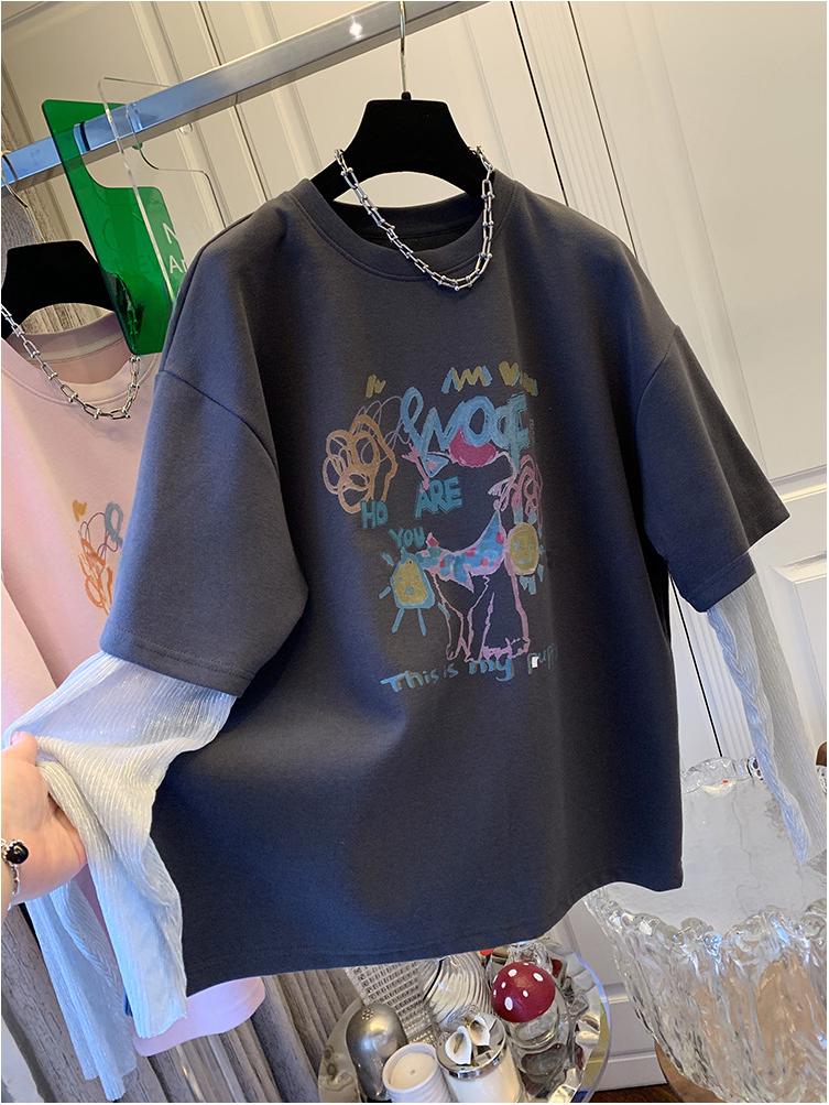 

Футболка с длинным рукавом из сетки с граффити большого размера - Женская весенняя свободного кроя 2XL серый