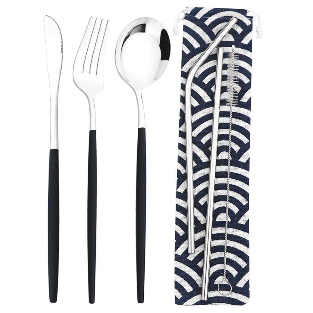 6Pcs Travel Camping Cutlery Set Travel Flatware Set Knife Fork Spoon Straw With Portable Bag Stainless Steel Tableware Set