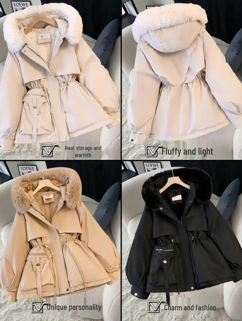 Women's Mid-Length Winter Cotton Coat with Genuine Fur Collar and Thick Velvet Padding