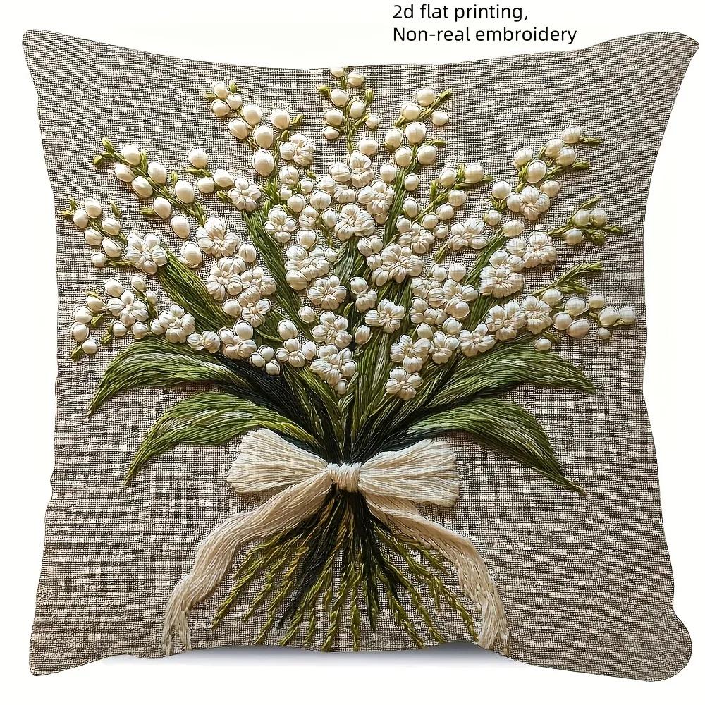 Vikama Lily Of The Valley 2D Flat-Printed Pillow Cover With Non-Real Embroidery Sofa Cushion Cover, Home Decoration