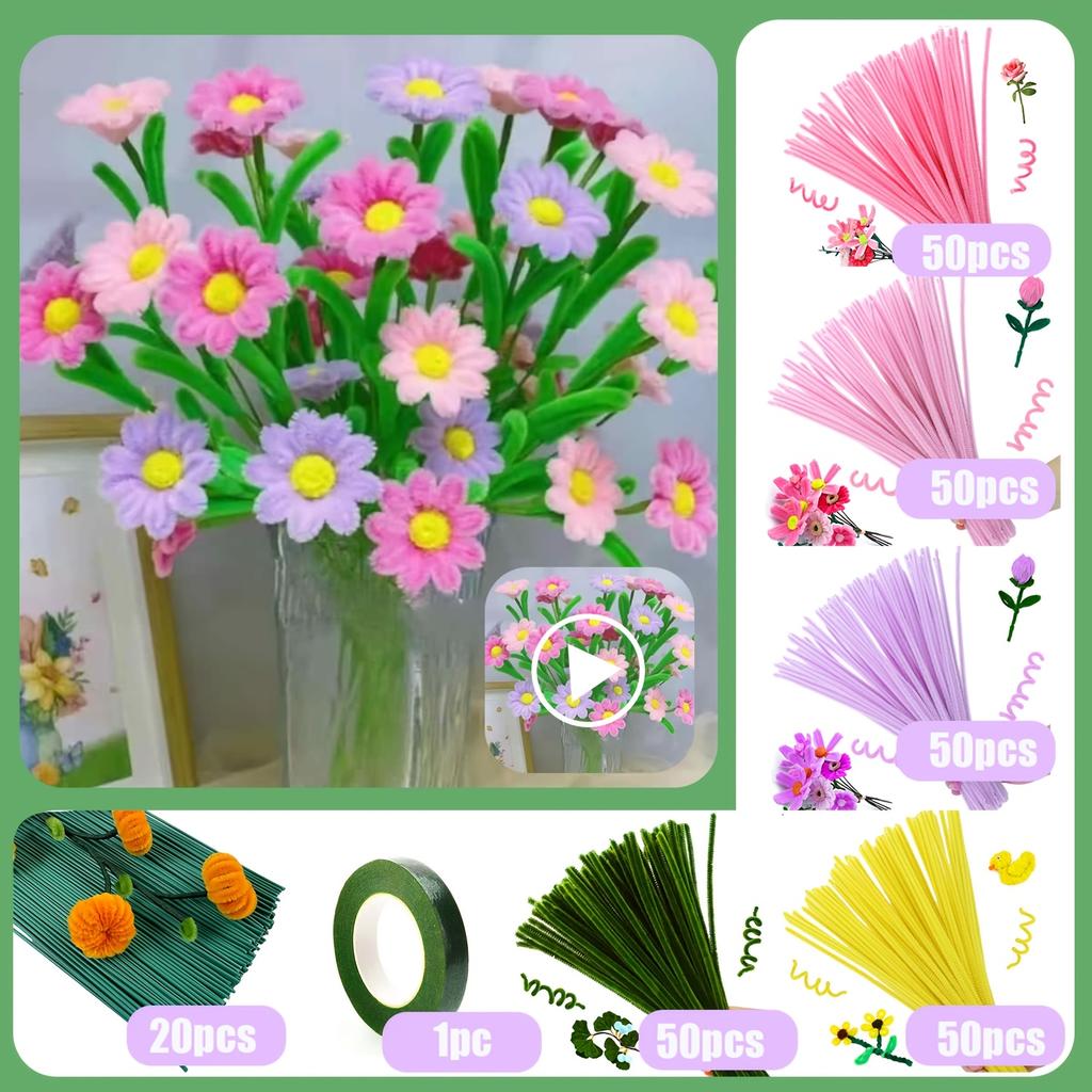 DIY Daisy Flower Craft Kit  - Faux Fur Material, Pipe Cleaner Crafting Supplies - Wedding Bouquets, Easter Mother's Day gifts