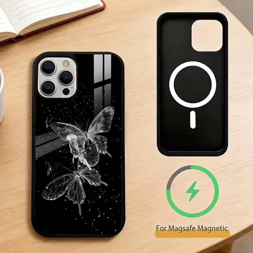 

White Butterfly Phone Case For iPhone17,16,15,14,13,12,11 Plus,Pro Magnetic with Magsafe Wireless Charging iPhone12PROMAX