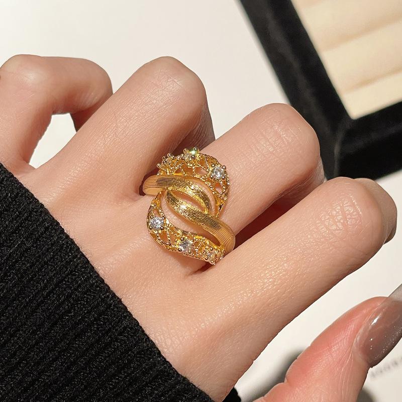 Medieval Brushed Retro Three-Dimensional Lace Hollow Open Ring Inlaid With Zircon Temperament Exquisite High-End Accessories