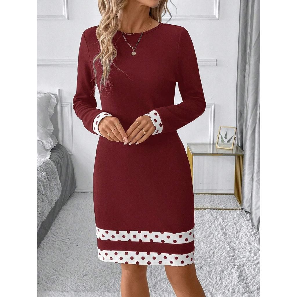 Fall Winter Women's Burgundy Round Neck Long Sleeve Knit Dress, Elegant European American Style Casual Party Dress
