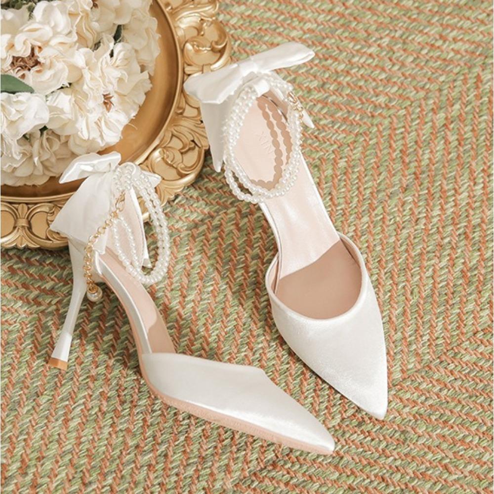 Fashion High Heeled Women's New Pointed Thin Heel Silk Satin Hollow Heel Bow High Heels Women Versatile Commuter Single Shoes for Women