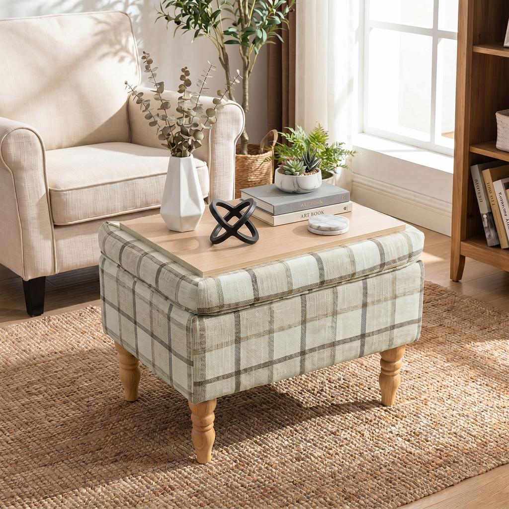 Linen Fabric Upholstered Footstool Rectangular Storage Stool With Removable Top Padded Seat And Hidden Space Brown