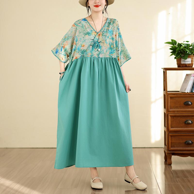 Short Sleeve Plus Size Cotton Vintage Floral Patchwork New In Dresses for Women Casual Loose Long Summer Dress
