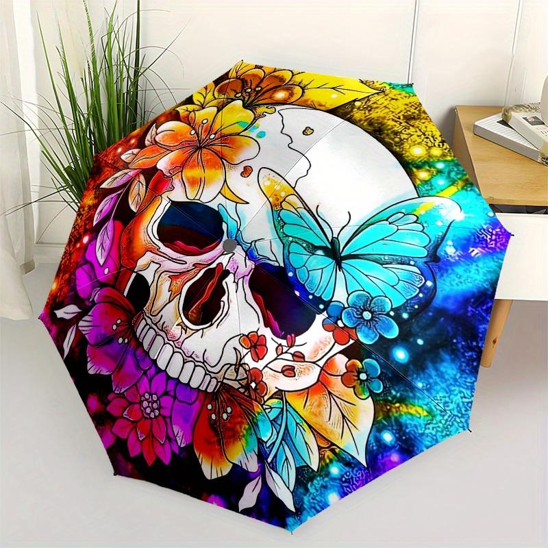 

1pc Colorful Skull Flowers Butterfly Artwork Umbrella with Plastic Handle,Suitable for All Seasons Home Travel Outdoor UmbrellaM1324