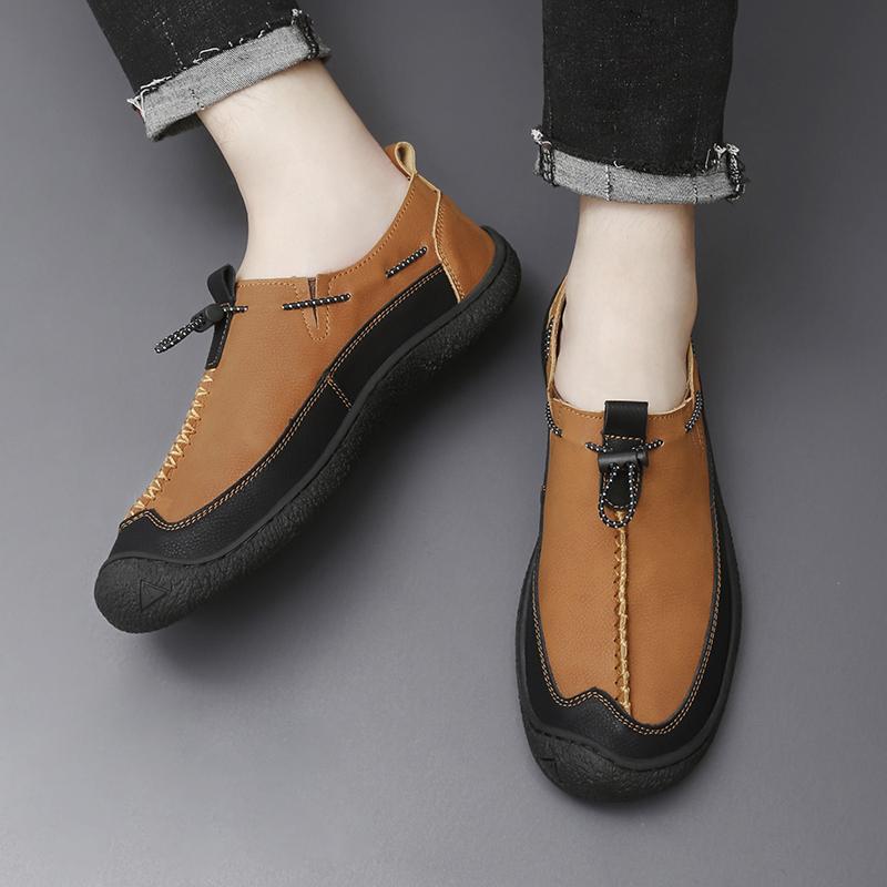 Men Handmade Leather Shoes Casual Hiking Shoes Outdoor Walking Driving Shoes Wide Head Over Sized Red Slip On