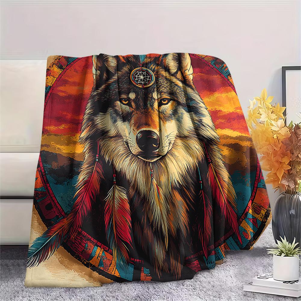 Primitive Wolf Print Flannel Blanket, High quality Comfortable for All Seasons, Home Decor, Warmth and Comfort, Perfect for Christmas Gifts