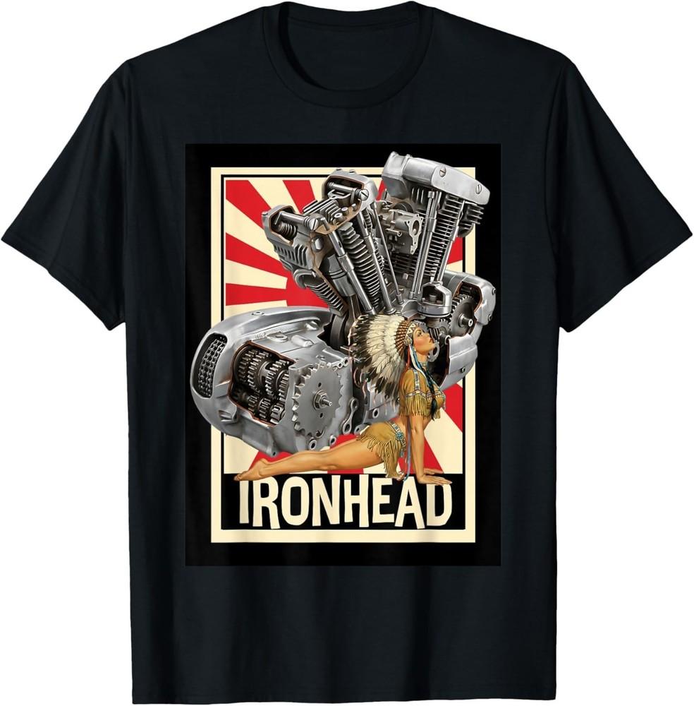 Ironhead Motorcycle Engine Pinup Girl Retro Biker Art T-Shirt 3XL