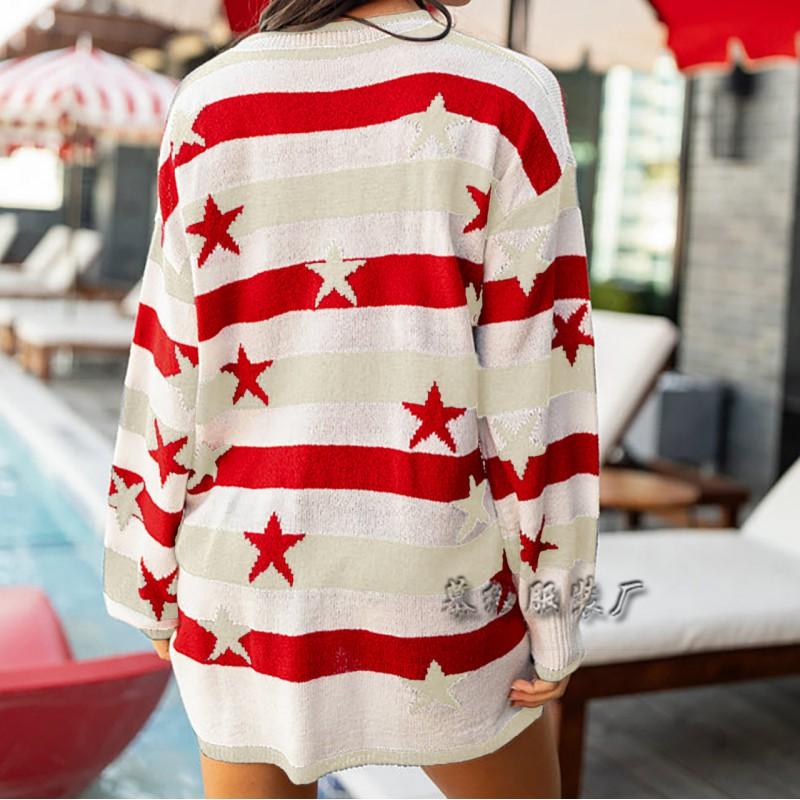 Womens Oversized Knit Sweater With National Flag Print Long Sleeve Crewneck Fall Winter 2025