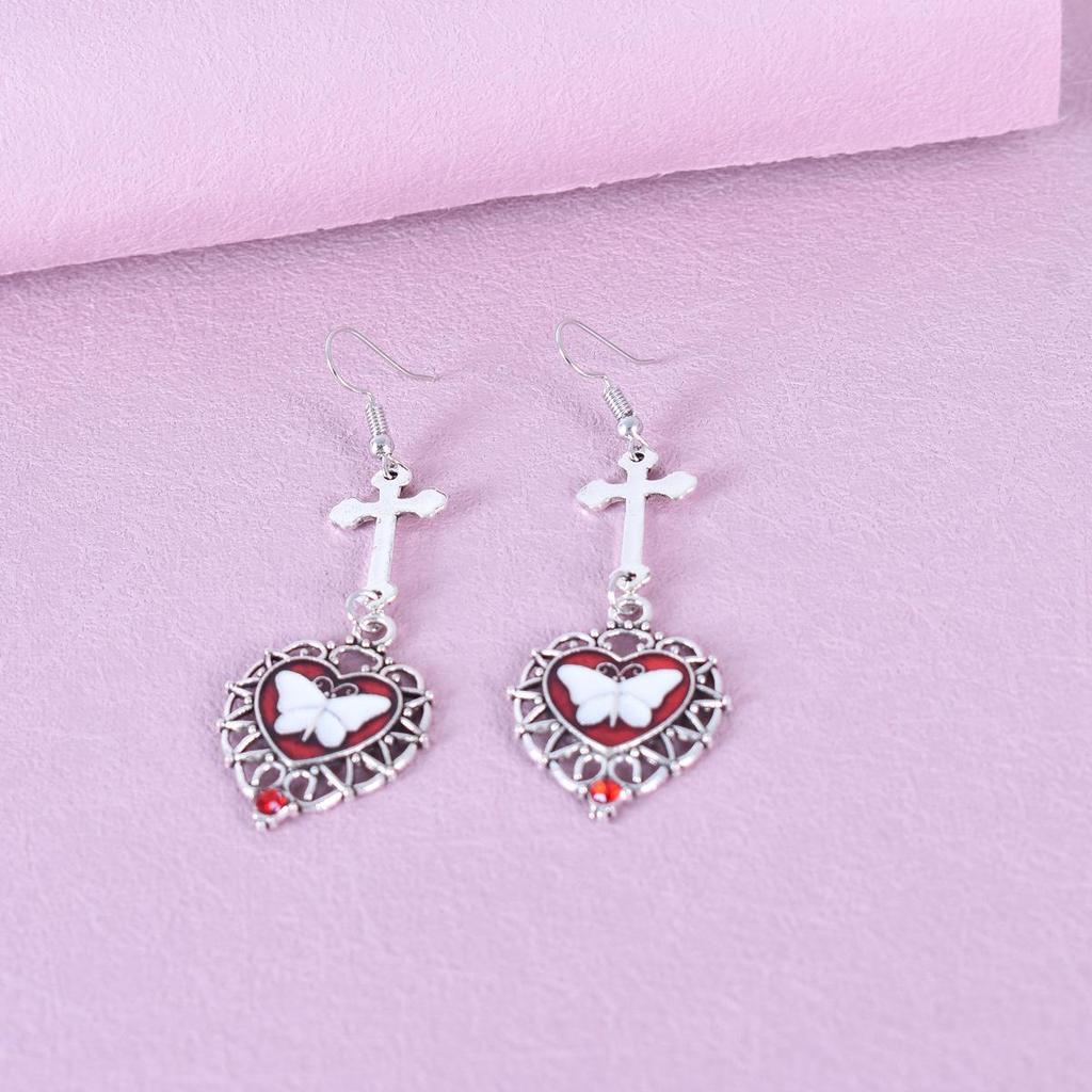 Qifu European & American Antique Silver Cross Heart Butterfly Gemstone Earrings