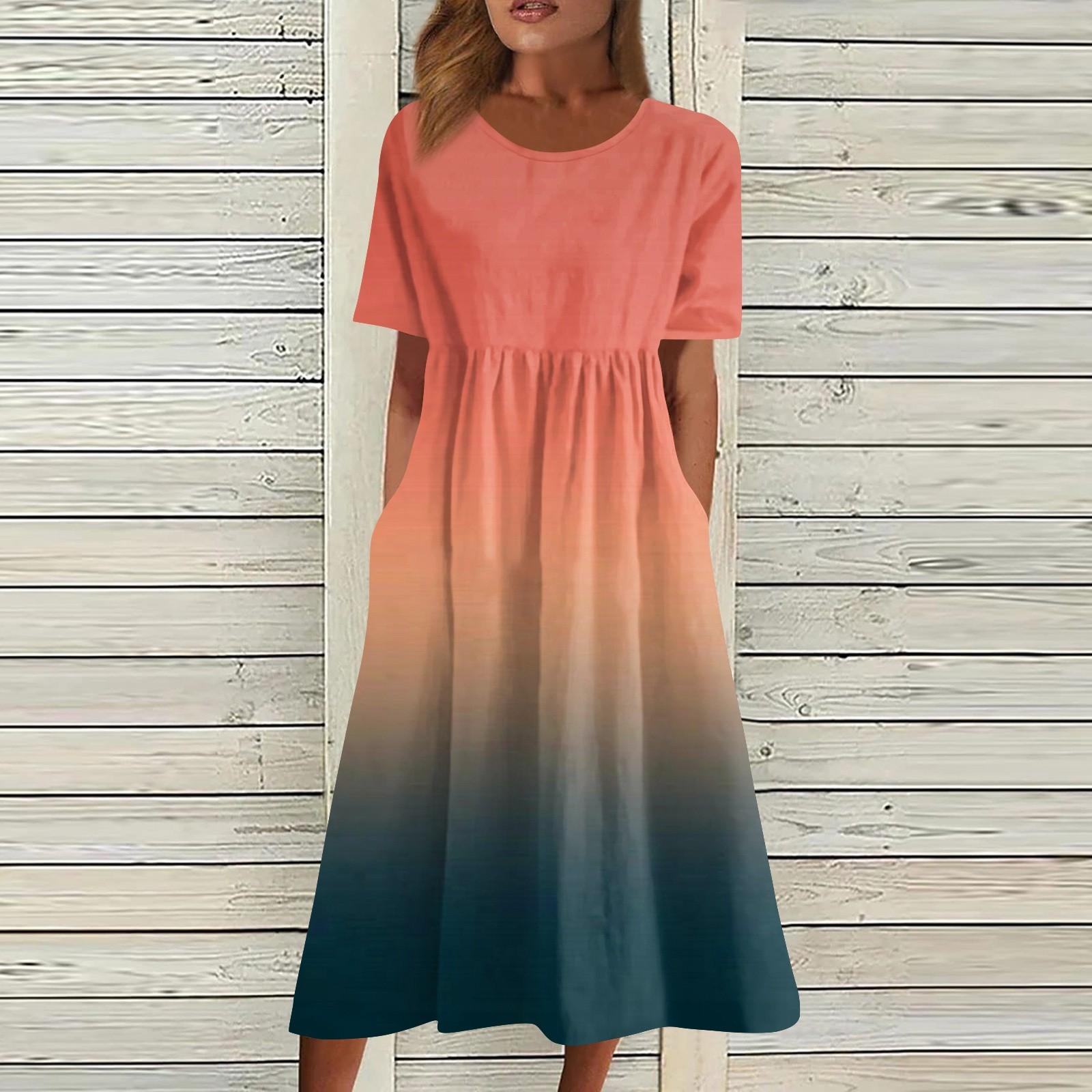 

Женское струящееся платье миди в стиле бохо с цветочным принтом, повседневное свободное летнее платье с коротким рукавом для пляжного отдыха и карманами XXL оранжевый