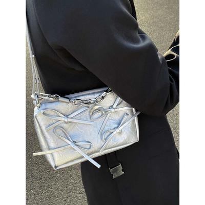 2025 New Niche Original Bag Silver Bow Shoulder Bag Small Square Bag Chain Underarm Bag Women's Premium