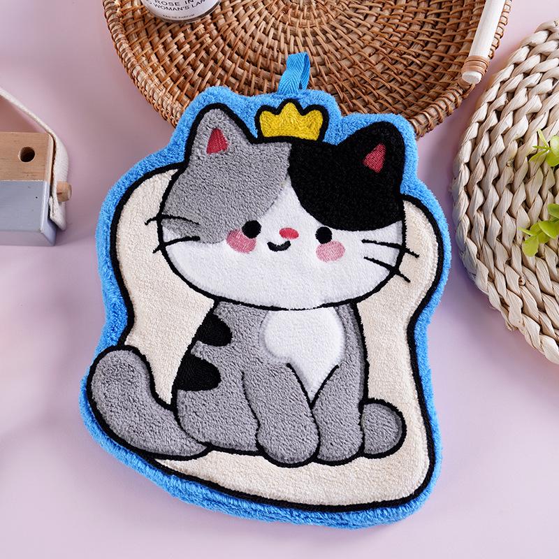 Cartoon Cat Coral Fleece Hanging Hand Towel for Kitchen and Bathroom