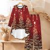 Christmas Print Two Piece Outfit Women Long Sleeve Irregular Hem Tunic Top Wide Leg Pants Casual Matching Set