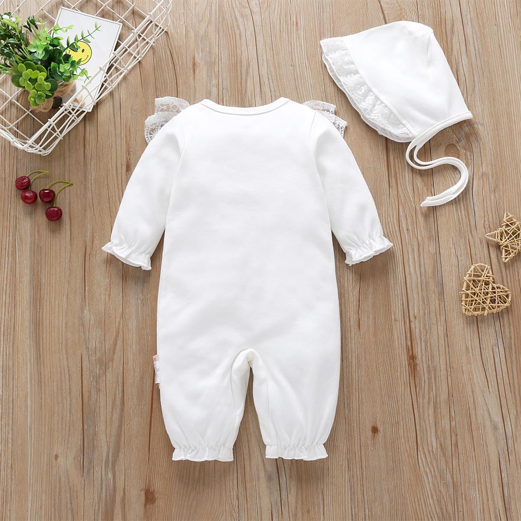 Newborn Infant Baby Girls Solid Ruffles Lace Romper Jumpsuit+Hat Outfits Sets