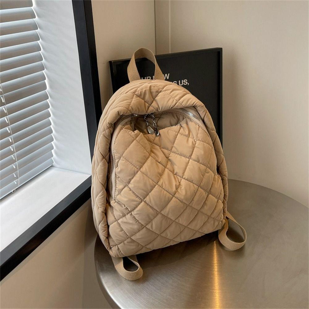 Simple Down Cotton Padded Large Capacity Backpack Lightweight Solid Color Schoolbag Puffy Quilted Shoulder Bags for Students