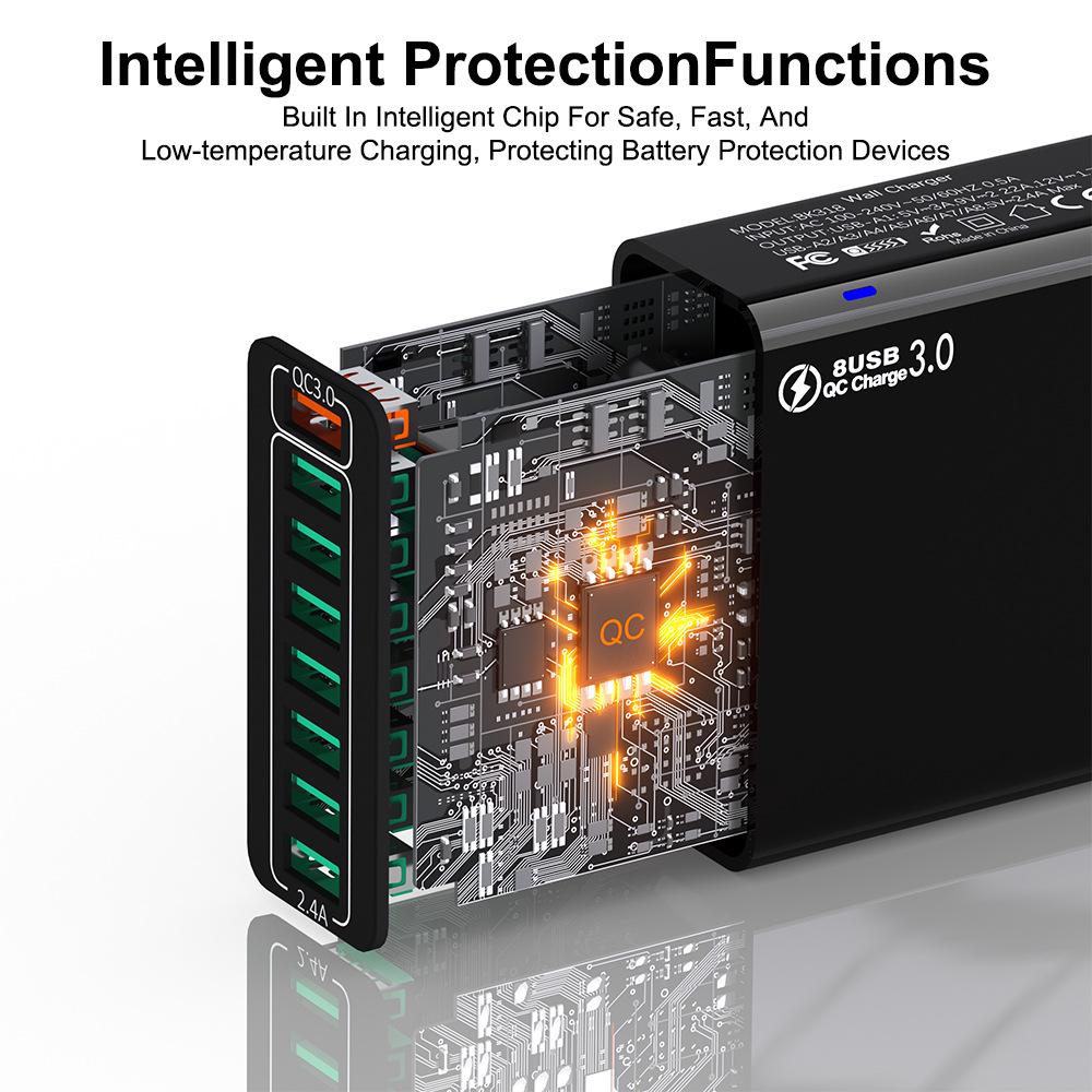 QC3.0 8-Port 30W Multi-USB Fast Charger for Mobile Phones - US/EU/KR Specs, High Power, Colorful Design