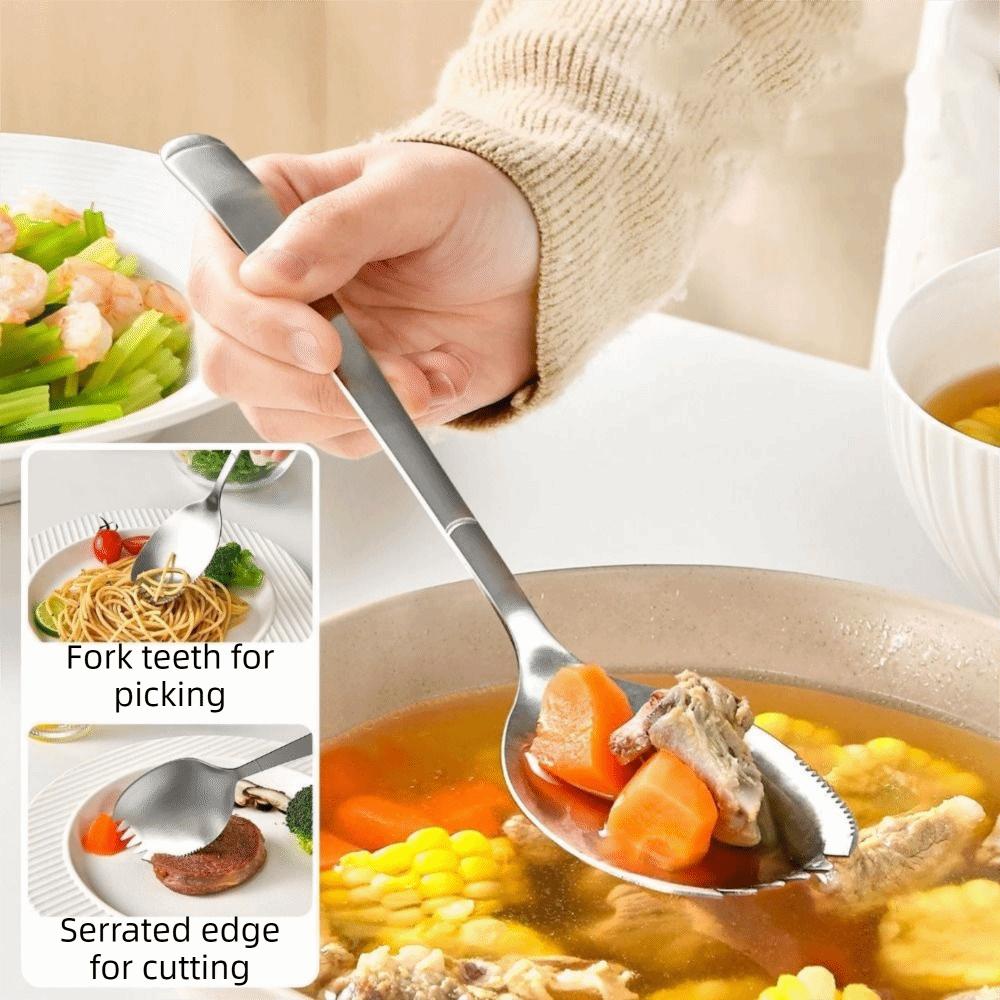 Long Handle Kitchen Spoon Fork Stainless Steel Serving Soup Spoon Integrated Spoon Fork  for Home
