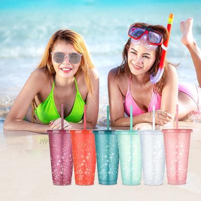 1 taza de agua creativa de verano con lentejuelas y purpurina, taza de plástico con pajita y diseño de pajita multiusos, cómoda.